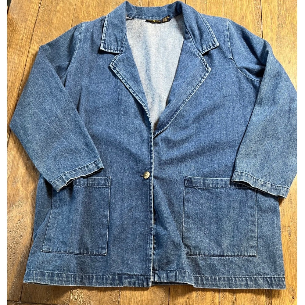 Hunters Run Vintage Denim Blazer Jacket Medium Wash Cotton Shoulder Pads Size M